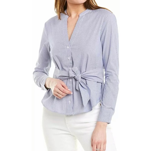 BB Dakota Top Blue Stripe Long Sleeve Tie Waist - Picture 4 of 11